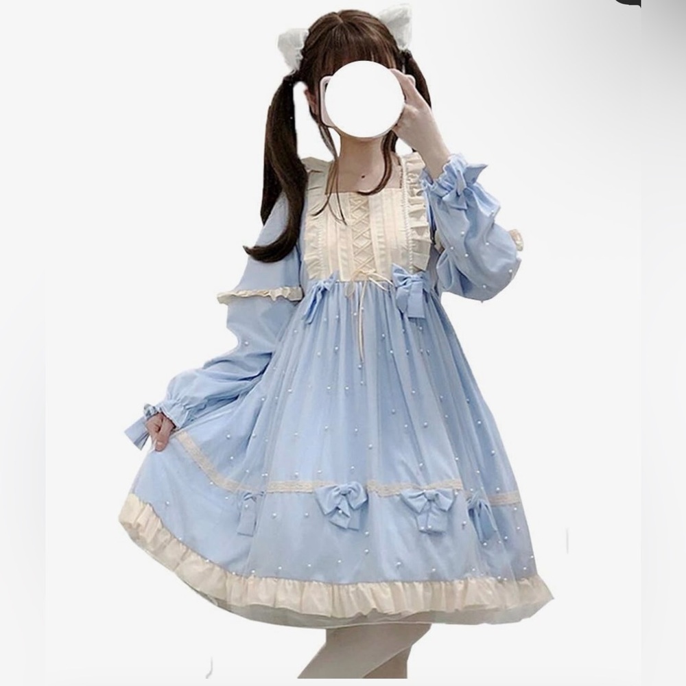 Light Blue Long Sleeve Lace-Trim Lolita Dress